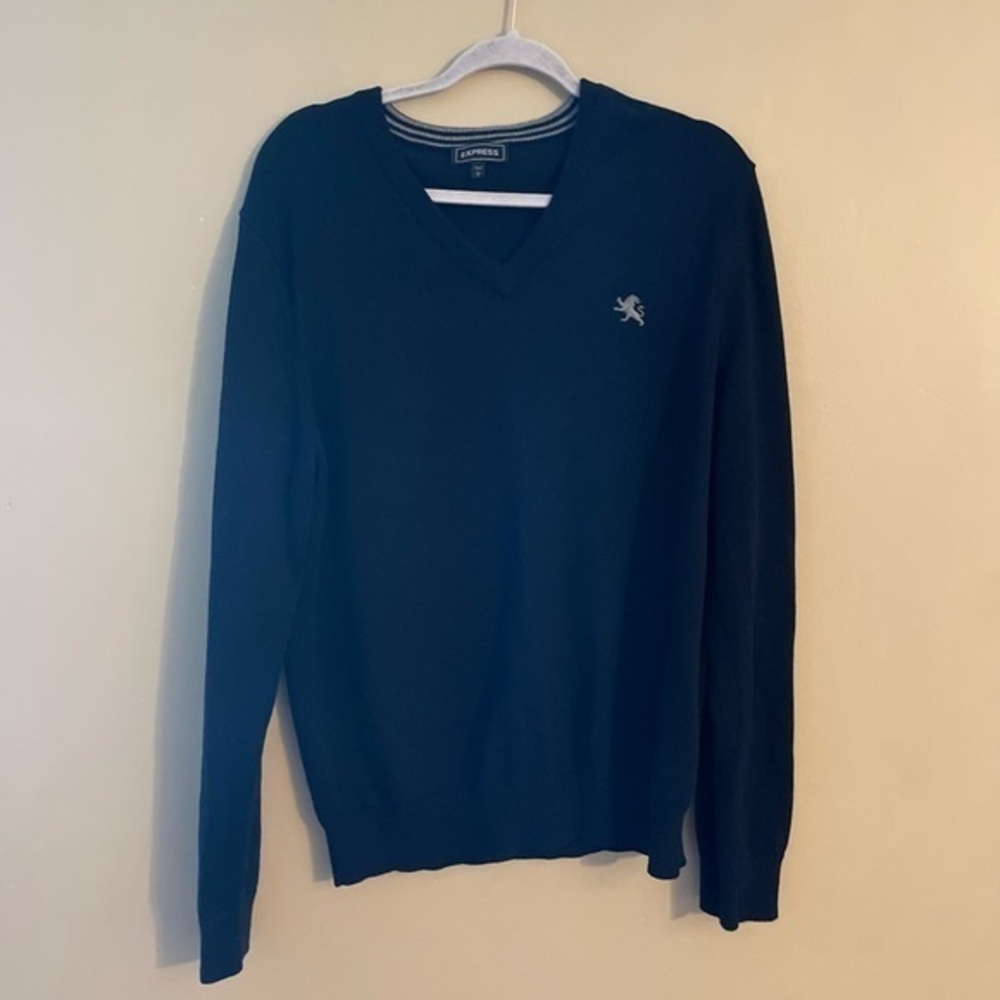 Express Men Long Sleeve Navy Blue Pullover  V Neck Sweater Size Large